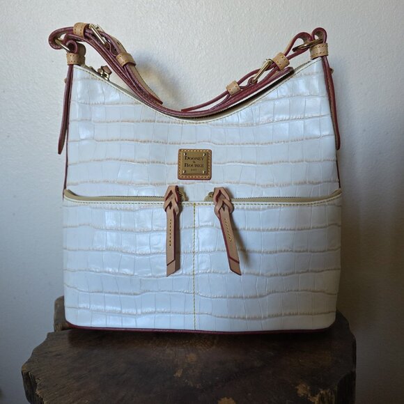 Dooney & Bourke Croco Embossed Leather Hobo Shoulder Bag Ivory Tan Trim - Picture 13 of 16